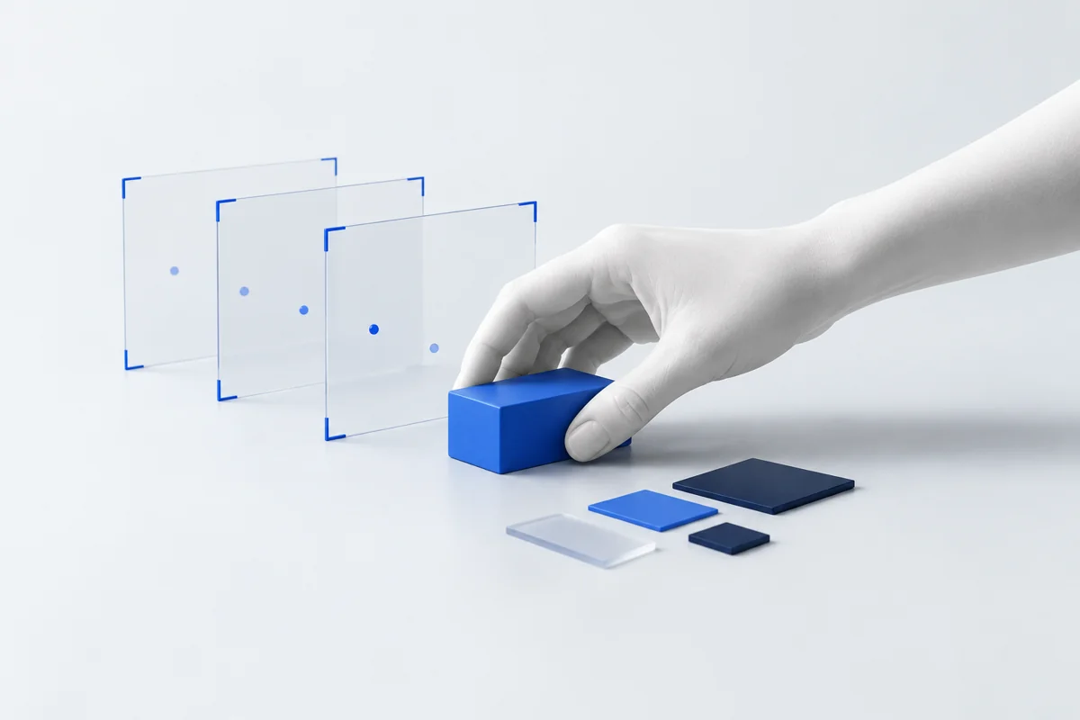 Concept illustration of a human hand grasping a blue block beside translucent observation frames and structured tiles