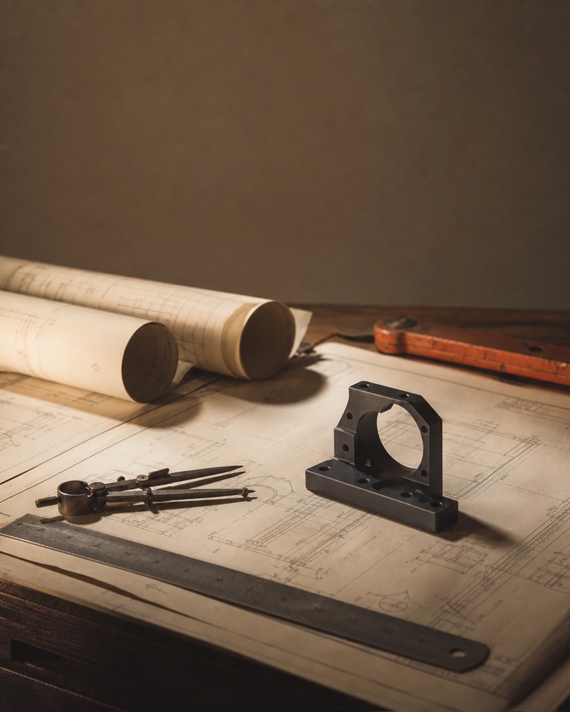 Engineering drawings, a machinist's rule and a machined bracket laid out on a workbench.